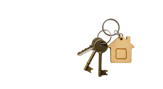 Bunch of keys with wooden house shape keyring isolated PNG with Transparent Background