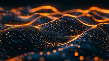 Abstract digital landscape with glowing particles forming undulating waves in dark tones.