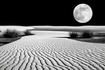 Full moon over rippled white desert dunes
