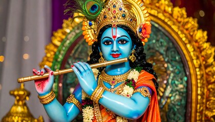 Fototapeta premium A vibrant, colorful idol of the Hindu god Krishna, depicted with blue skin and playing a golden flute, adorned with a peacock feather.