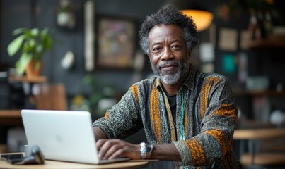 Portrait of a Black African American man working remotely on a laptop in a cafe, promoting flexible and positive working culture that enhances productivity and well-being, Generative AI