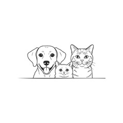 Fototapeta premium Adorable line art of labrador dog, kitten, and tabby cat in minimalistic style