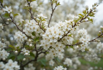 Fototapeta premium Close up of delicate white spring blossoms on tree branches in natural setting