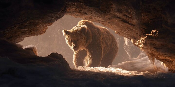 Majestic cave bear emerging from den into winter light creating a glowing natural scene