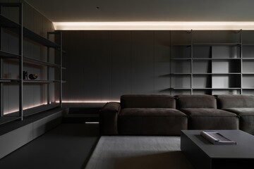 Fototapeta premium Modern Dark Living Room Design with Ambient Lighting and Plush Seating