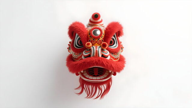 Tampilan dekat kepala tarian singa berwarna merah cerah, kaya akan detail pola dan tekstur tradisional Tiongkok, terisolasi pada latar belakang putih bersih