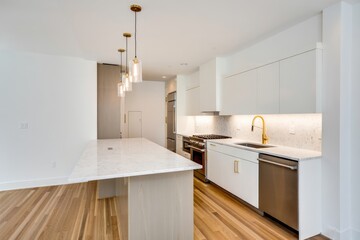 Modern Minimalist Kitchen Design with Island and Pendant Lights