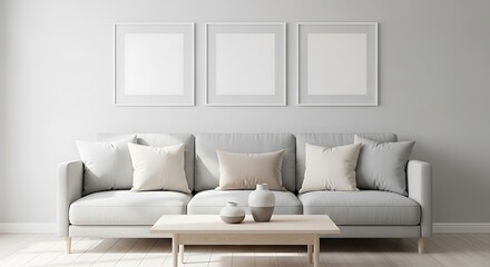 Modern minimalist living room interior: gray sofa, wooden coffee table, three framed mockups, and neutral-toned pillows.