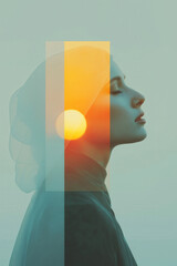 Contemplative woman with sunset reflection, profile of a thoughtful female in serene atmosphere, ideal for wellness themes.