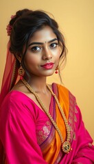 Portrait of beautiful indian woman in traditional saree with gold jewelry and makeup studio shot