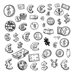A whimsical collection of hand-drawn currency symbols and stacks of money