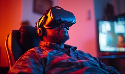 Candid disabled Black man VR gaming at home while wearing a VR headset. The image captures the  experience of gaming for individuals with disabilities, emphasizing inclusivity, Generative AI