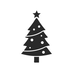 Fototapeta premium Simple black christmas tree icon with star and ornaments on white background