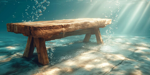 Wooden bench submerged underwater, soft light filtering through water, serene aquatic atmosphere, perfect for relaxation themes.
