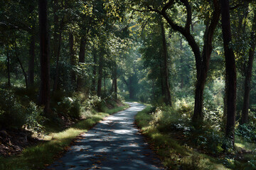 Naklejka premium Tranquil Adventure: Cycle Through Nature's Lush Canopy on a Serene Woodland Trail