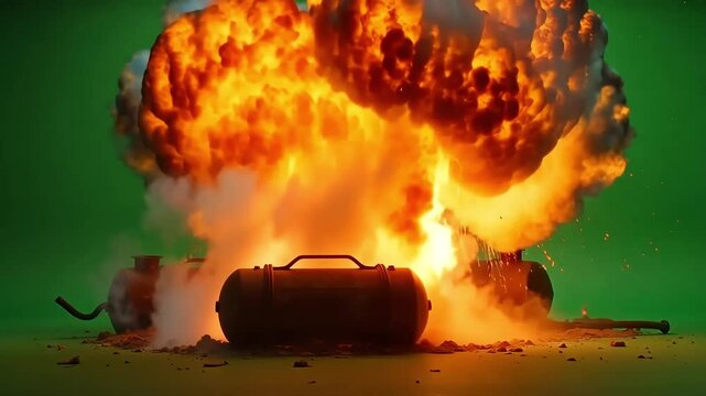 Dynamic explosion unleashes bright electrical energy and smoke against a vibrant green background