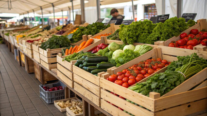 Farmers&rsquo; market stall with neatly arranged vegetables in wooden crates.