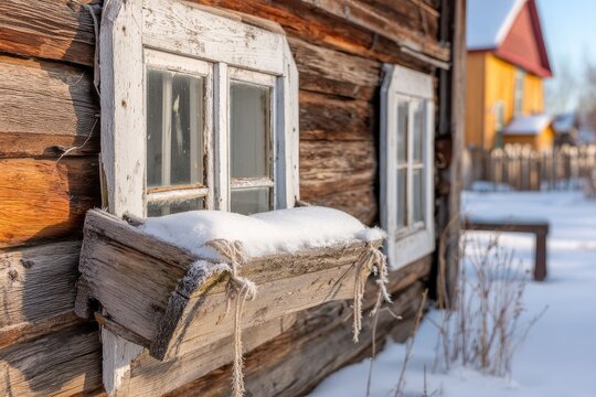 Snowy, weathered wooden window box on a rustic log cabin