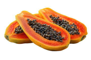 Three slices of papaya, vibrant orange-red and yellow.  Visible seeds