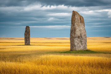 Ancient stone structures, two towering monoliths in a golden field under a dramatic sky, evoking mystery and history.