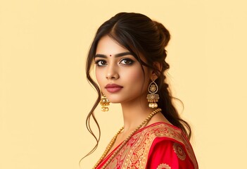 Beautiful indian woman in traditional saree and gold jewelry portrait for fashion and culture ads
