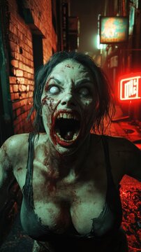 Screaming bloody zombie woman in alley at night