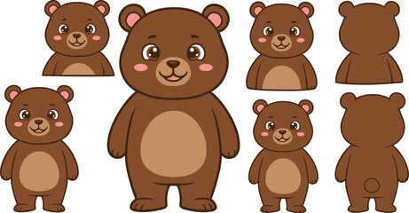 Cute cartoon teddy bear character design, front and back views, flat vector, child-friendly, animal mascot, digital art illustration
