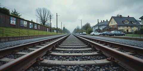Fototapeta premium Perspective view of quiet residential street with railway tracks and overcast sky