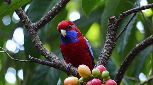 Crimson Rosella Eating Jungle Fruits Closeup