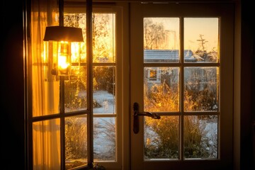 Fototapeta premium Golden sunrise through frosted window, warm light from lamp