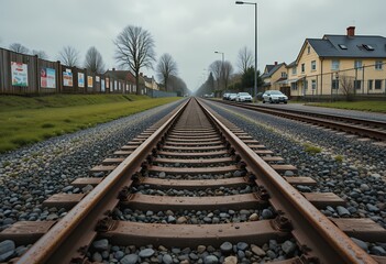 Obraz premium Perspective view of railway tracks extending into the foggy distance passing through suburban