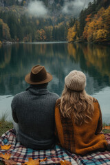 Fototapeta premium people sitting on a blanket looking at a lake.