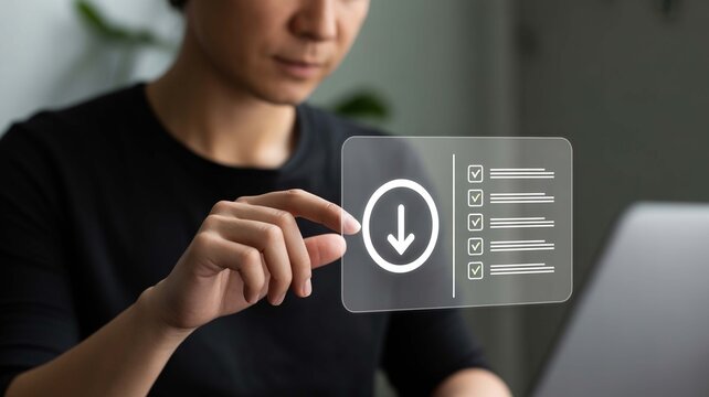 Businessman interacting with a transparent virtual screen, selecting and downloading data from a digital checklist on a futuristic interface