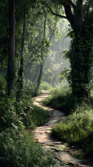 Fototapeta premium Tranquil Adventure: Cycle Through Nature's Lush Canopy on a Serene Woodland Trail