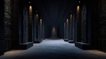 Obraz premium Dark labyrinthine hallway with mysterious carvings and a soft light illuminating the path ahead