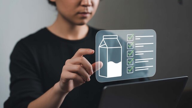 Young person interacts with digital grocery list featuring milk carton and checkmarks, demonstrating modern shopping management and healthy choices.