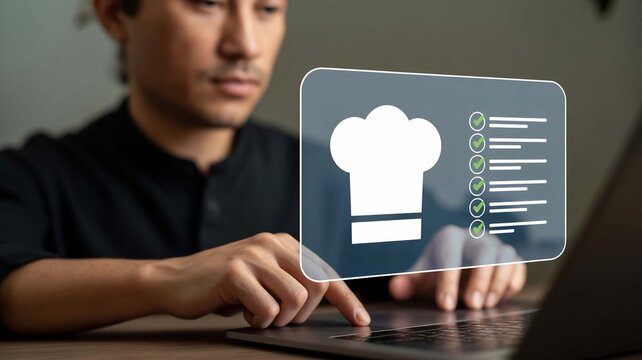 Focused chef meticulously planning culinary creations using a digital checklist on a modern laptop, embodying precision and innovation in the kitchen.