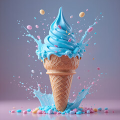 Blue Bubblegum Ice Cream Cone with Floating Candy Pieces
