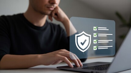 Man reviewing cybersecurity checklist with shield and checkmarks on digital interface, ensuring data protection and compliance on his laptop