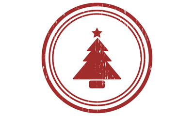 Christmas tree icon in red circle stamp for winter holiday decorations.