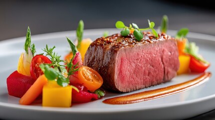 A beautifully plated steak accompanied by vibrant vegetables, showcasing culinary artistry and freshness.