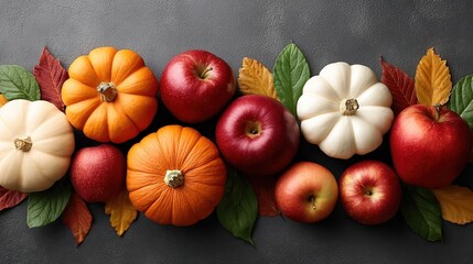 A vibrant arrangement of pumpkins and apples set against a dark background, complemented by colorful autumn leaves.