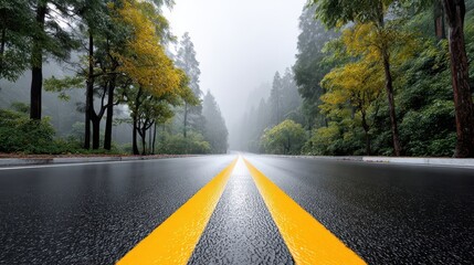 A misty road flanked by trees, featuring vibrant yellow lines, creating a serene and tranquil atmosphere in a natural setting.
