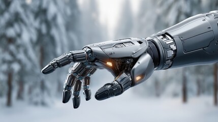 A futuristic robotic hand reaching out, set against a snowy landscape, showcasing advanced technology and design.