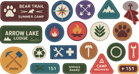 Collection of Camping and Outdoor Adventure Patches Featuring Animals, Tools, and Campground Names