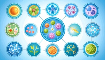 Colorful infographic showcasing the diversity of protozoa, algae, and single-celled organisms in a biological classification chart.