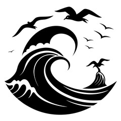 Seabirds Over Waves Silhouette