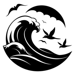 Naklejka premium Seabirds Over Waves Silhouette