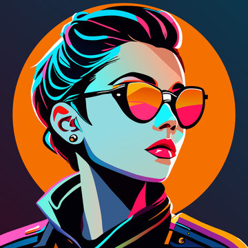 Cyberpunk stylized portrait featuring a short-haired individual in sunglasses and a jacket, set against a bold orange circular backdrop with high contrast and futuristic digital art vibes.