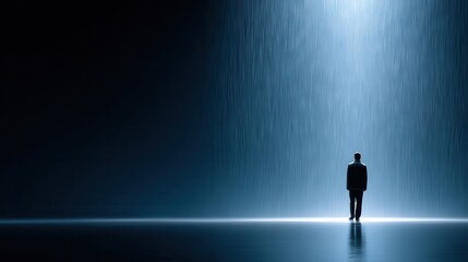 A solitary figure stands in a dark space, illuminated by a beam of light and surrounded by a cascading waterfall effect, creating a dramatic and introspective atmosphere.